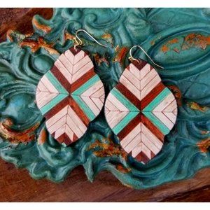 Earrings. Faux Woodgrain Leather. Turquoise, Beige, Brown. NWT.